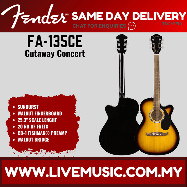 Fender FA-135CE Concert Acoustic Guitar, Walnut FB, Sunburst ( FA 135CE / FA135CE )
