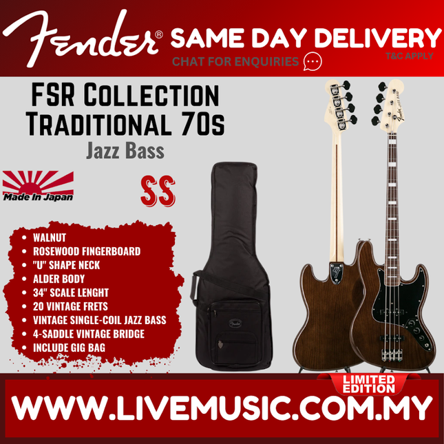 Fender FSR Collection Traditional 70s Jazz Bass Guitar, RW FB, Walnut