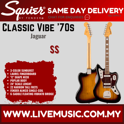 Squier Classic Vibe 70s Jaguar Electric Guitar, Laurel Fingerboard - 3-Tone Sunburst