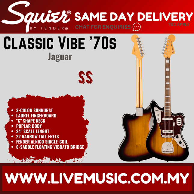 Squier Classic Vibe 70s Jaguar Electric Guitar, Laurel Fingerboard - 3-Tone Sunburst
