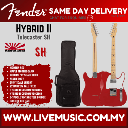 Fender Japan Hybrid II Telecaster SH Electric Guitar, Maple FB, Modena Red