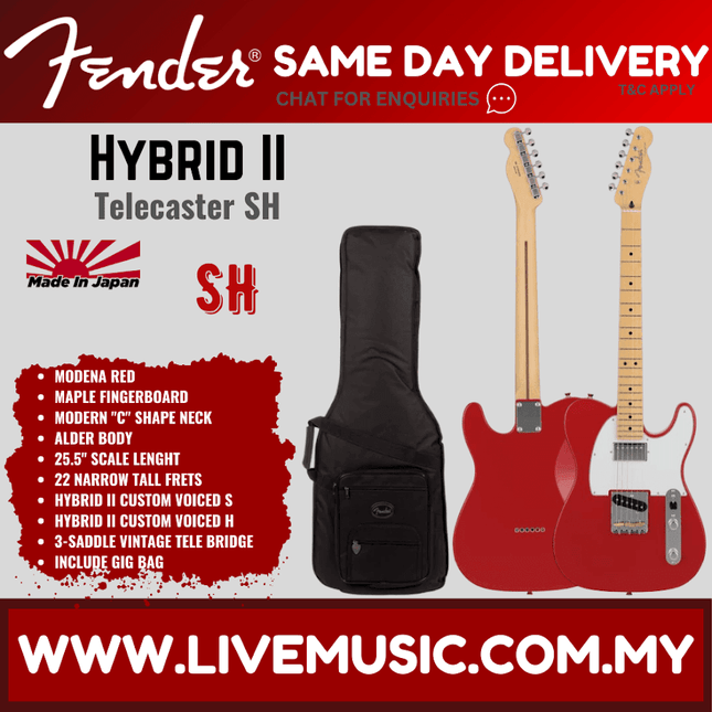 Fender Japan Hybrid II Telecaster SH Electric Guitar, Maple FB, Modena Red