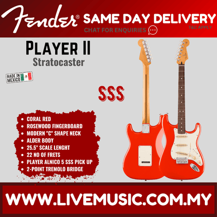 Fender Player II Stratocaster Electric Guitar, RW FB, 3 Tone Sunburst / Birch Green / Coral Red / Polar White