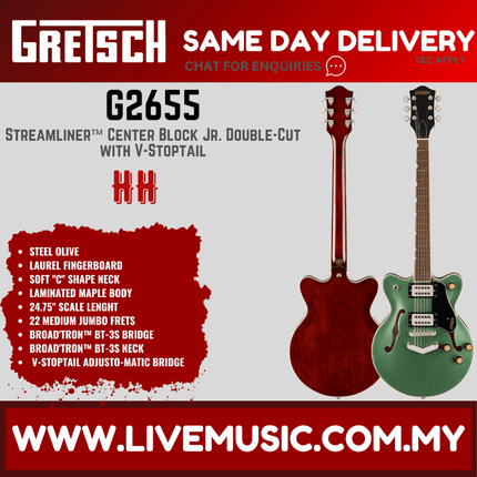 Gretsch G2655 Streamliner Center Block Jr. Double-Cut Electric Guitar w/V-Stoptail, Steel Olive