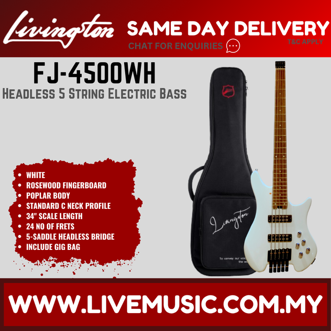 Livingston FJ-4500 5-String Headless Electric Guitar Bass, RW Fretboard - ( FJ 4500 FJ4500 )