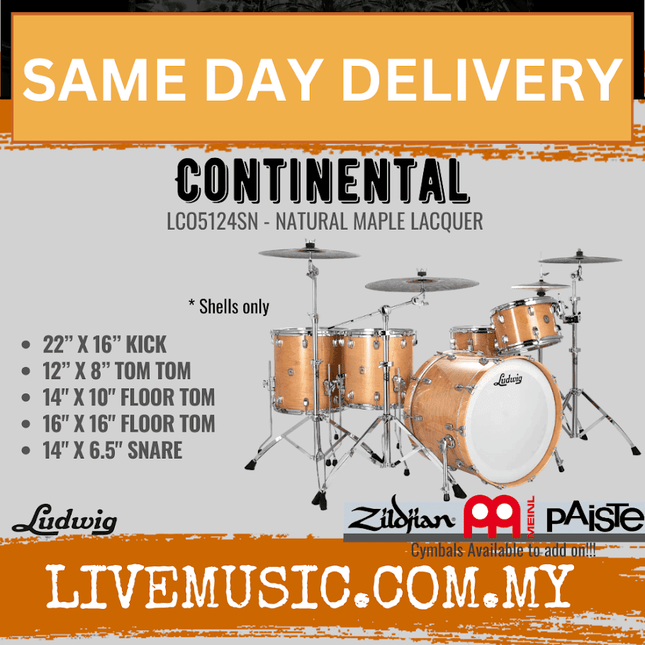 Ludwig LCO5124SN Continental 5-Piece Drum Kit(22B+16F+14F+12T+14S), Natural Maple Lacquer