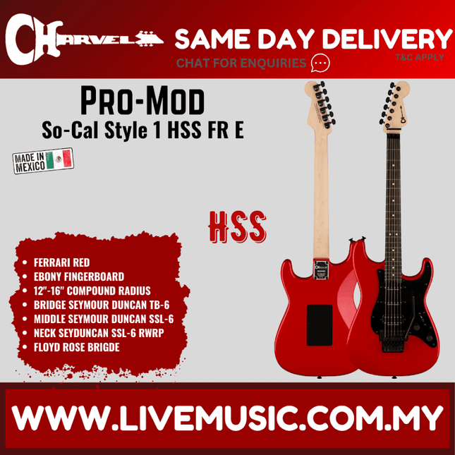 Charvel Pro-Mod So-Cal Style 1 HSS FR E Electric Guitar, Ebony FB, Ferrari Red
