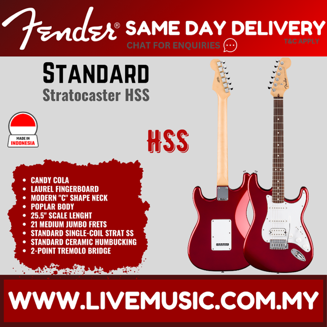 Fender Standard Stratocaster HSS Electric Guitar, Laurel FB, Black / Candy Cola