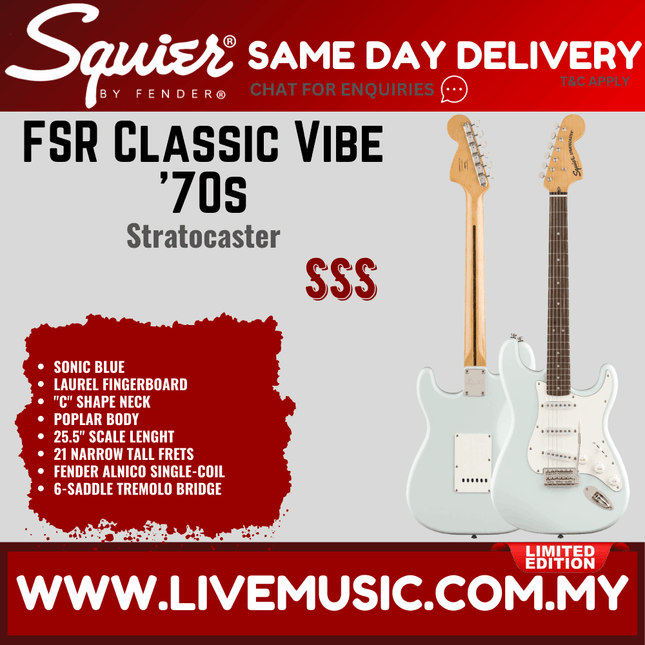 Squier FSR Classic Vibe 70s Stratocaster Electric Guitar, Laurel FB, Sonic Blue