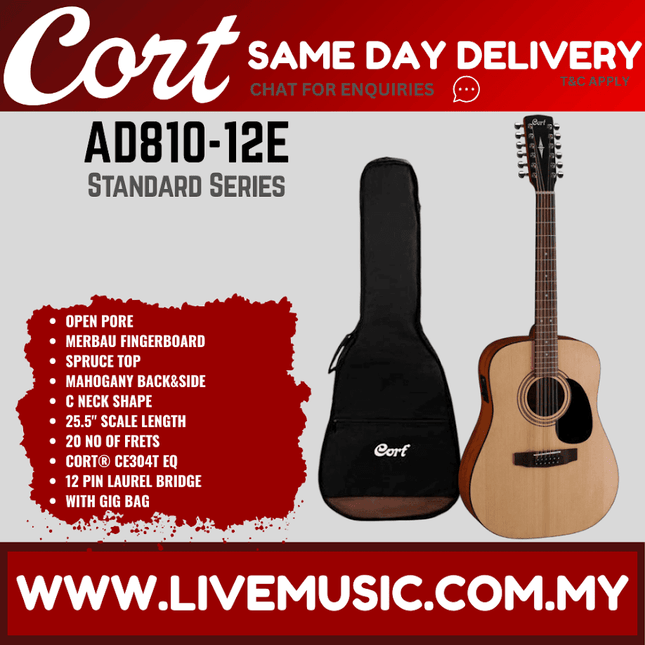 Cort AD810-12E - 12 String Acoustic Guitar with Gig Bag - Open Pore (AD810 12E/AD81012E)