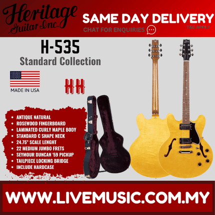 Heritage Standard H-535 Semi-Hollow Electric Guitar with Case, Antique Natural ( H535 / H 535 )