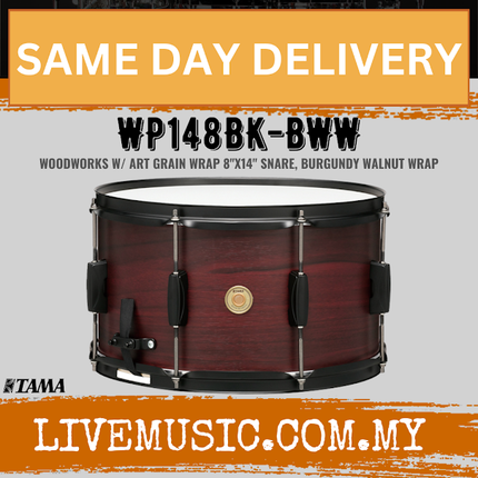 TAMA WP148BK-BWW 8 x 14inch Woodworks Snare Drum, Burgundy Walnut Wrap ( WP148BKBWW / WP148BK BWW )