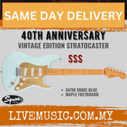 Squier 40th Anniversary Stratocaster Vintage Edition Electric Guitar, Maple FB, Satin Sonic Blue