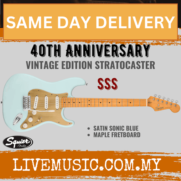 Squier 40th Anniversary Stratocaster Vintage Edition Electric Guitar, Maple FB, Satin Sonic Blue