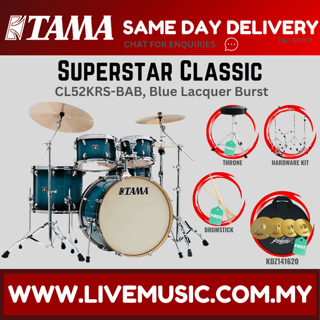 Tama Superstar Classic drum kit set with cymbals, blue lacquer burst shells