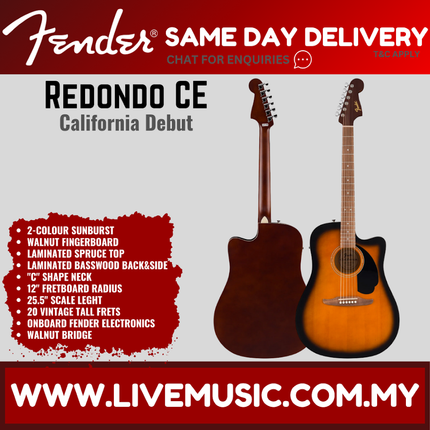 Fender California Debut Redondo CE Series Acoustic Guitar, 2-Colour Sunburst / Black / Natural
