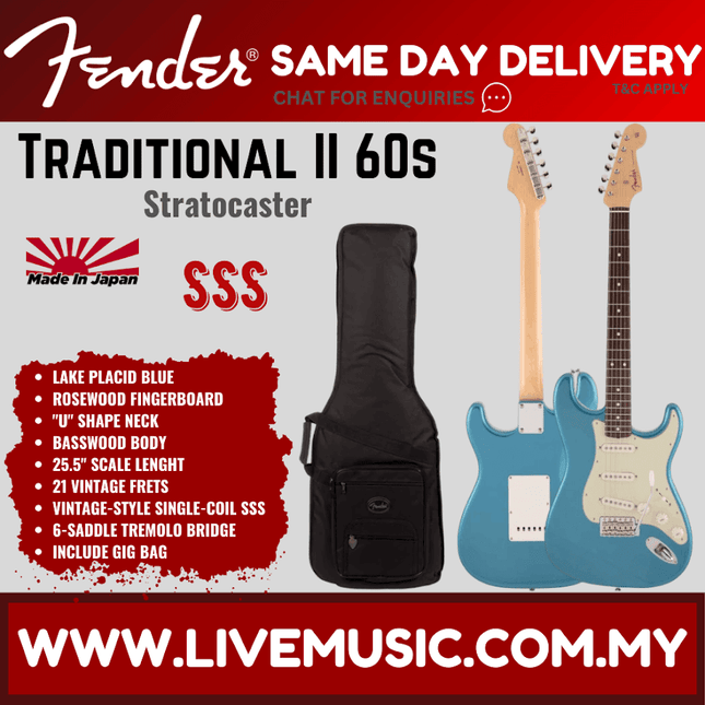 Fender Japan Traditional II 60s Stratocaster Electric Guitar, RW FB, Lake Placid Blue
