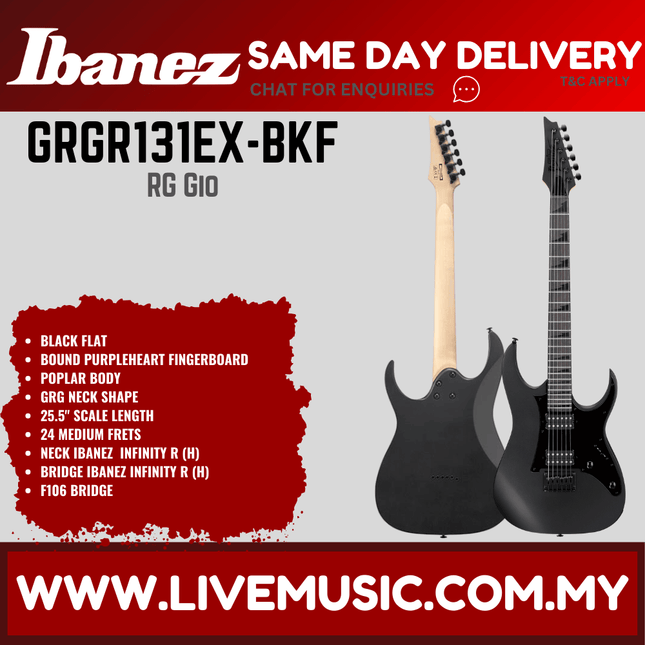 Ibanez Gio GRGR131EX HH Solid Body Electric Guitar Bound Purpleheart Fretboard - Black Flat (GRGR131-EX/GRGR131EX-BKF)