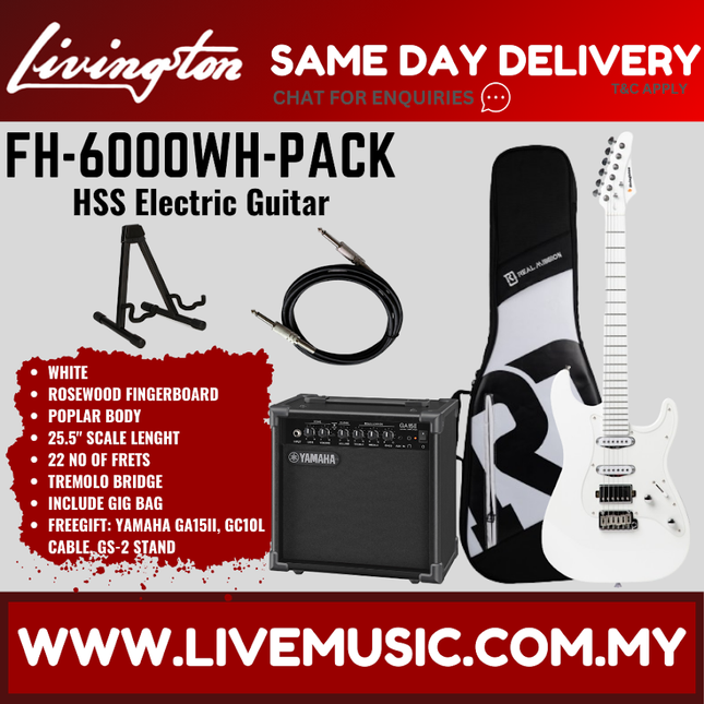 Livingston FH-6000-WH Stratocaster HSS Electric Guitar, Maple Fretboard - White ( FH6000 / FH 6000 / FH-6000 )
