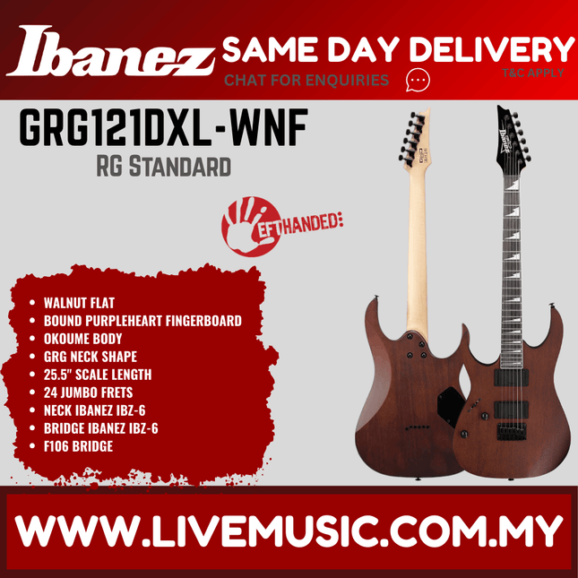 Ibanez GIO GRG121DXL Solid Body Jatoba Fretboard Electric Guitar - Walnut Flat (GRG-121DXL/GRG121DXL-WNF)