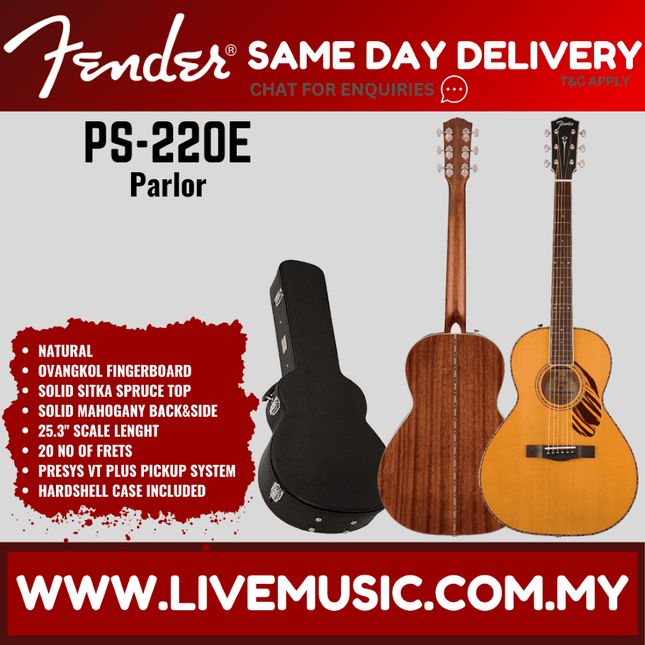 Fender PS-220E parlour electro-acoustic guitar with hardshell case, natural finish