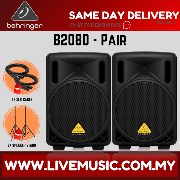 Behringer Eurolive B208D 200W 8" Powered Speaker w/Wireless Mic, Speaker Stand and Cable - Pair ( B-208D / B 208D )