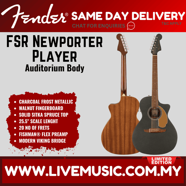 Fender FSR California Newporter Player Medium-Sized Acoustic Guitar, Walnut FB, Charcoal Frost Metallic