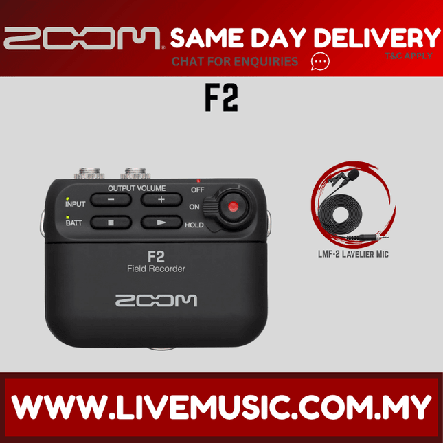 Black field recorder with lavalier mic, front controls, input/output volume buttons, red indicator