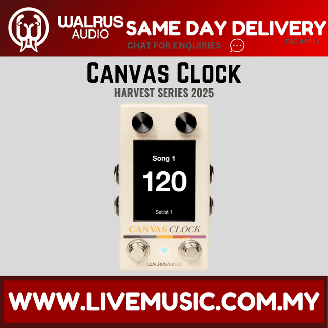 Walrus Audio Canvas MIDI clock pedal in beige with display reading 120 and two top knobs