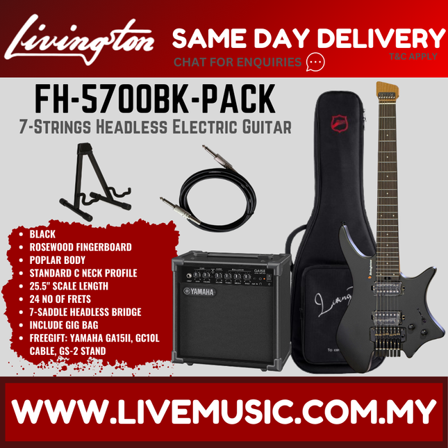 Livingston FH-5700 7-String Headless Electric Guitar w/GA15II Amplifier, RW Fretboard - ( FH5700 FH 5700 )