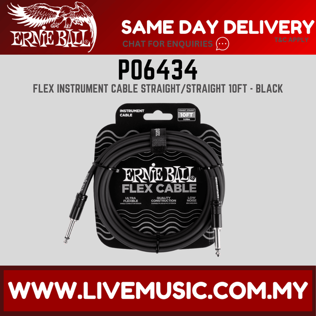 Ernie Ball P06434 Flex Straight to Straight 10 Ft Instrument Cable (Black)