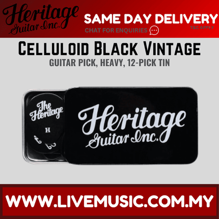 Heritage Celluloid Black Vintage Guitar Pick, Heavy, 12-Pick Tin