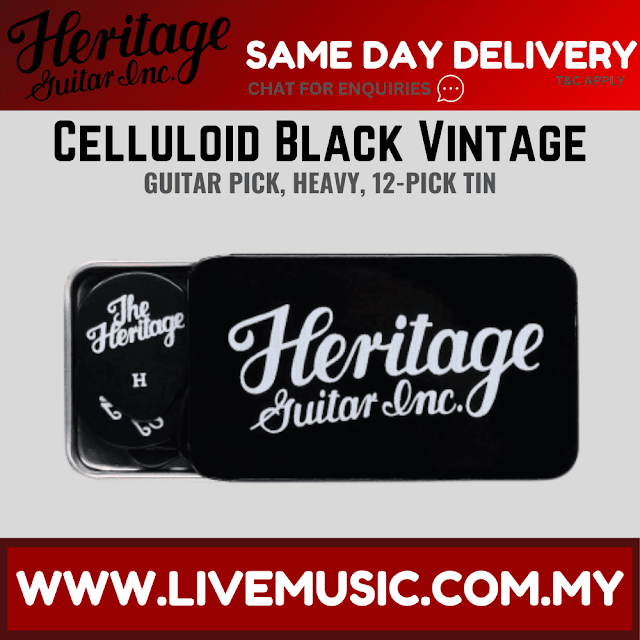 Heritage Celluloid Black Vintage Guitar Pick, Heavy, 12-Pick Tin