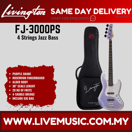 Livingston JB-3000 4-String Jazz Bass Guitar, Rosewood Fretboard, w/Gig Bag ( JB 3000 JB3000 / FJ 3000 FJ3000 )