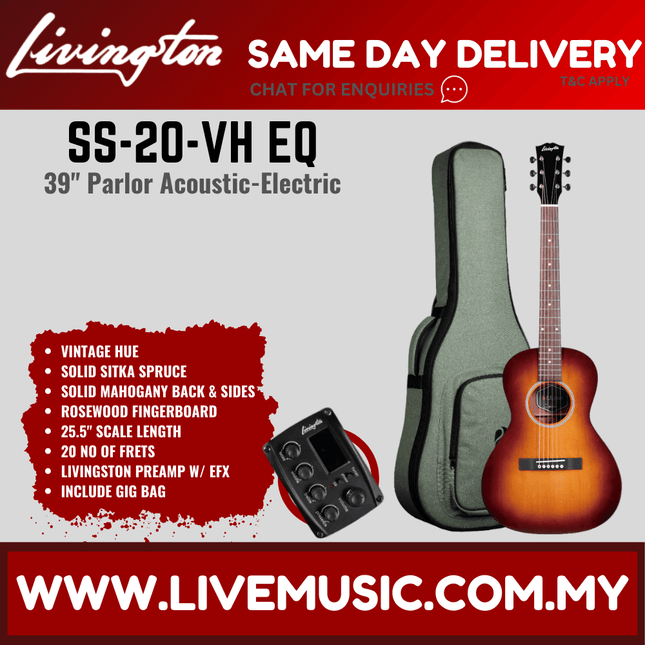 Livingston SS-20 EQ 39" Full Solid Parlor Acoustic Guitar, Rosewood FB - Vintage Original / Vintage Hues ( SS20 SS 20 )