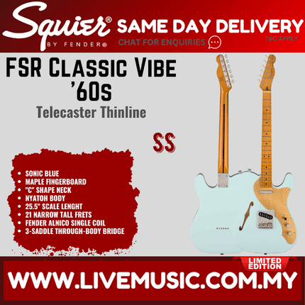 Squier FSR Classic Vibe 60s Telecaster Thinline Electric Guitar, Maple FB, Sonic Blue