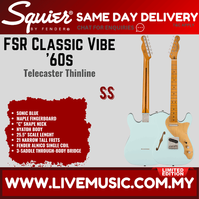 Squier FSR Classic Vibe 60s Telecaster Thinline Electric Guitar, Maple FB, Sonic Blue