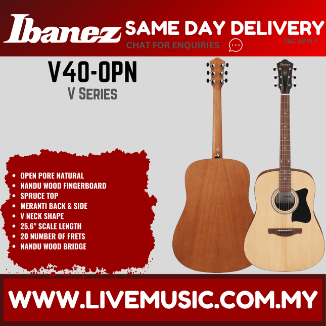 Ibanez V40-OPN V Series Acoustic Guitar, Open Pore Natural ( V40 OPN / V40OPN )