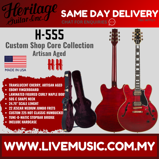Heritage Custom Shop Core Collection H-555 Electric Guitar, Translucent Cherry Artisan Aged ( H555 / H 555 )