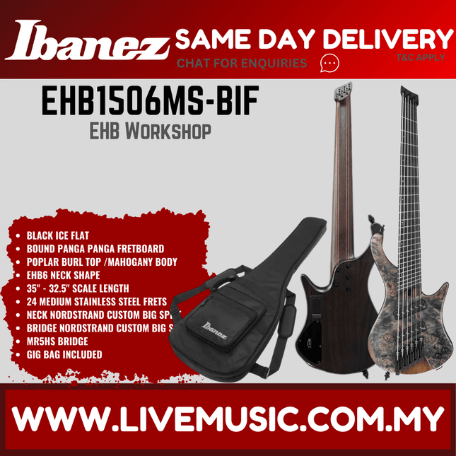 Ibanez Bass Workshop EHB1506MS-BIF Electric Bass Guitar w/Gig Bag, Black Ice Flat ( EHB1506MS BIF / EHB1506MSBIF )