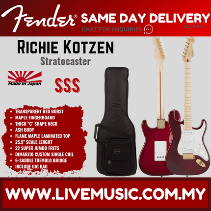 Fender Japan Ritchie Kotzen Stratocaster Electric Guitar, Maple Fretboard with FREE Gig Bag - Transparent Red Burst