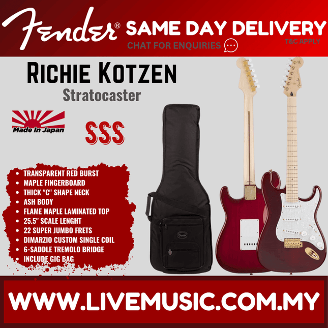 Fender Japan Ritchie Kotzen Stratocaster Electric Guitar, Maple Fretboard with FREE Gig Bag - Transparent Red Burst