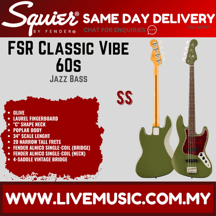 Squier FSR Classic Vibe 60s Jazz Bass Guitar, Laurel FB, Olive