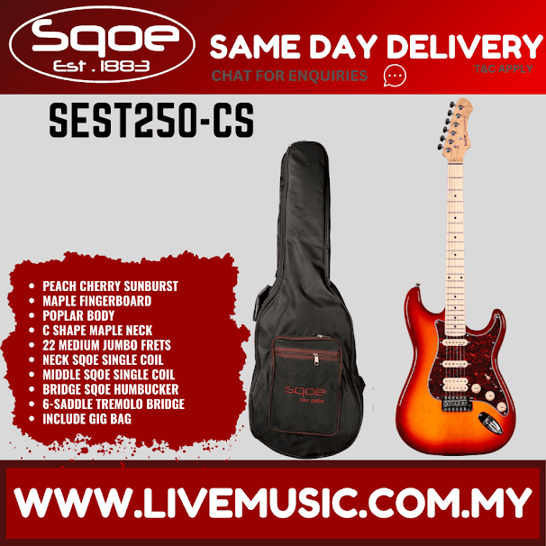 SQOE SEST250 Stratocaster HSS 6-String Electric Guitar w/Gig Bag, Rosewood FB - Cherry Sunburst ( SEST 250 / SEST-250 )