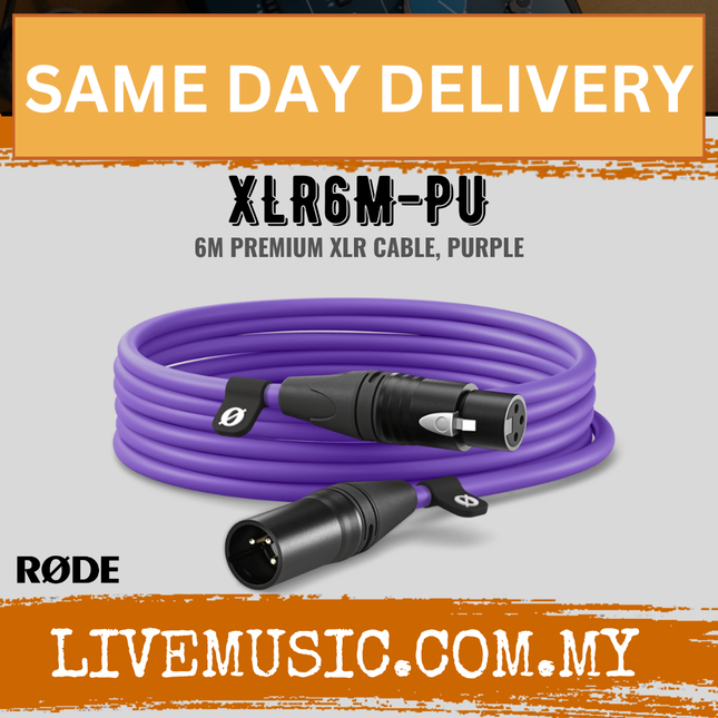 Purple XLR male-to-female cable, black XLR connectors, coiled 6 m length