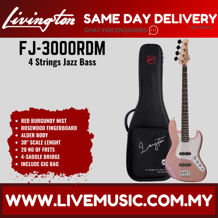 Livingston JB-3000 4-String Jazz Bass Guitar, Rosewood Fretboard, w/Gig Bag ( JB 3000 JB3000 / FJ 3000 FJ3000 )