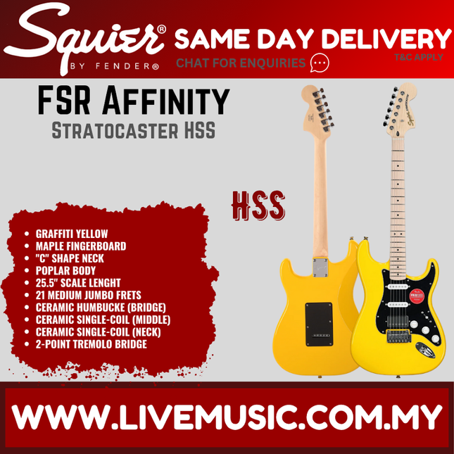 Squier FSR Affinity Series Stratocaster HSS Electric Guitar, Maple FB, Graffiti Yellow