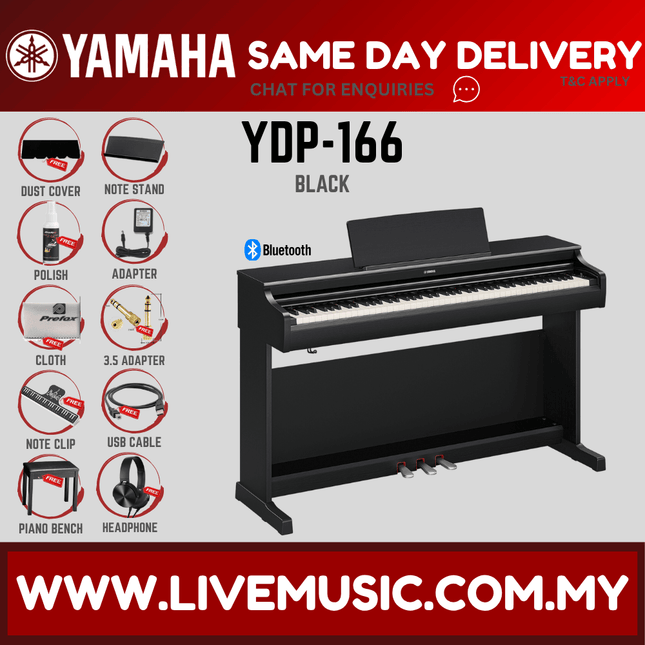 Yamaha Arius YDP-166 88-Keys Digital Piano w/Headphone, Dust Cover, Piano Bench And Adapter - Black (YDP166 / YDP 166) - Replace YDP165