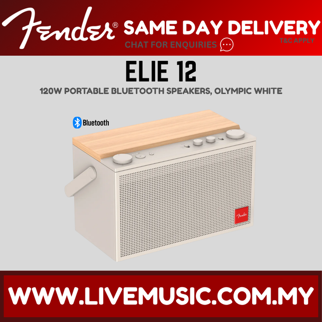 White portable Bluetooth speaker with wood top, control knobs, and front grille