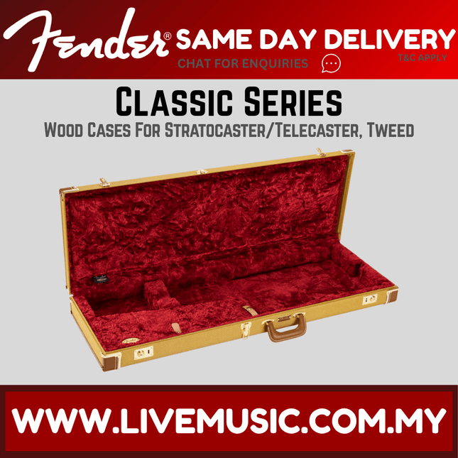 Fender classic wood guitar case with tweed exterior, open lid showing plush red lining